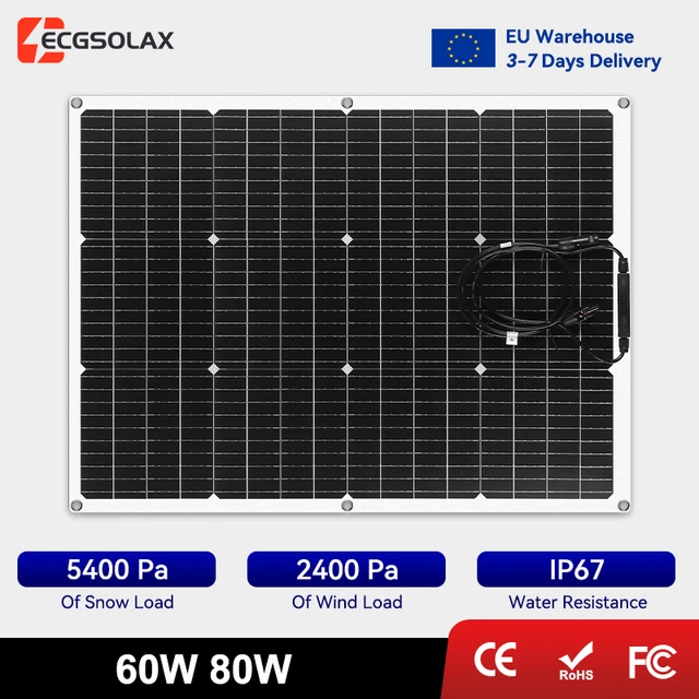 Panneaux solaires flexibles ECGSOLAX 80W 60W, système solaire 12V/24V, alimentation électrique pour le camping, kit solaire étanche, chargeur de cellules solaires complet 1