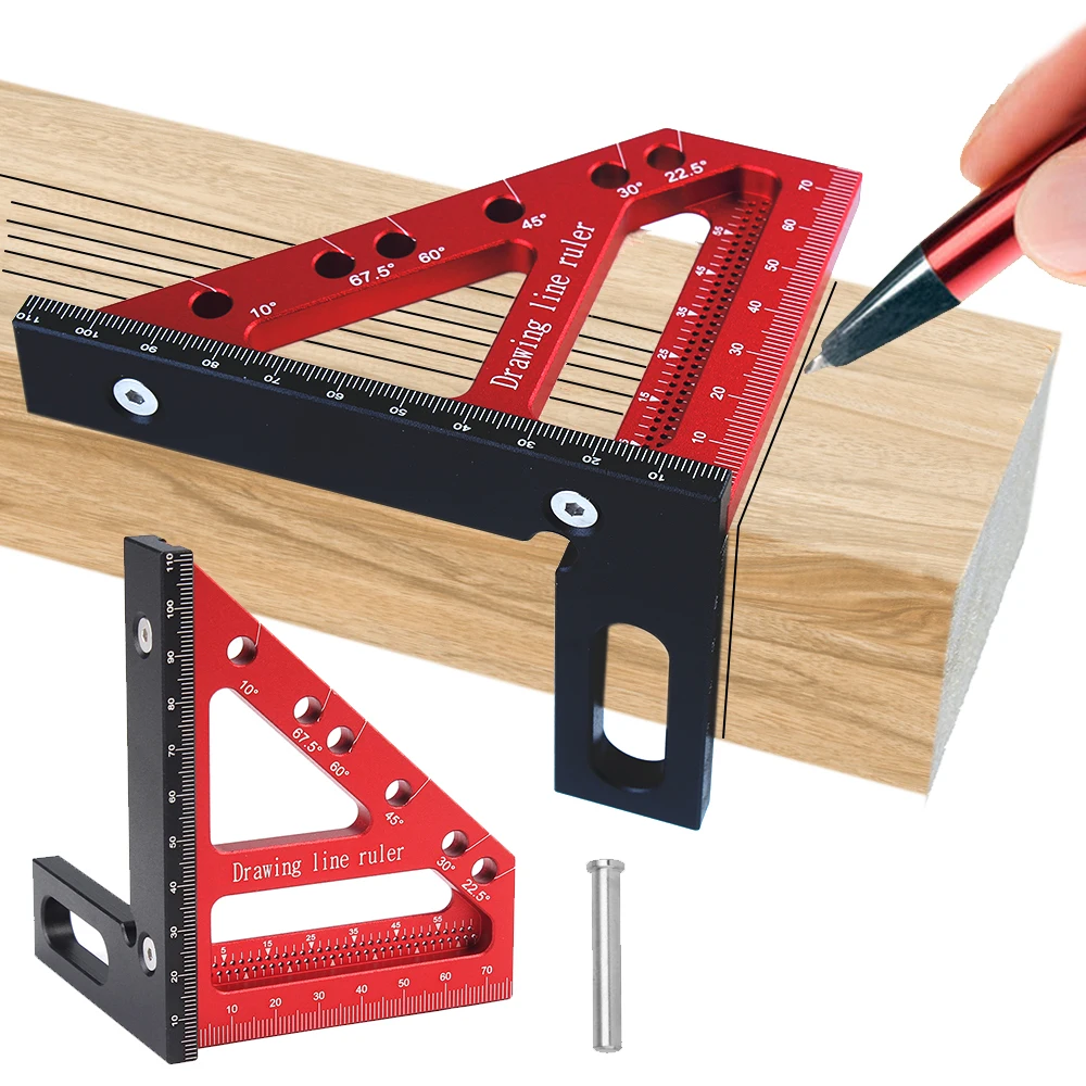 Carpenter Square Hole Scribing Ruler 22.5-90 Degree Measuring Ruler Angle Pin Construction Precision Woodworking Tool 1Pc