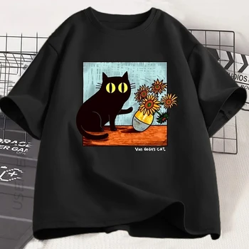 Van Gogh Cat Graphic T Shirts Men Women Flower Black Cat T-shirt Round Neck Short Sleeve Trendy Tee  Kawaii Women's Y2K Clothing 1