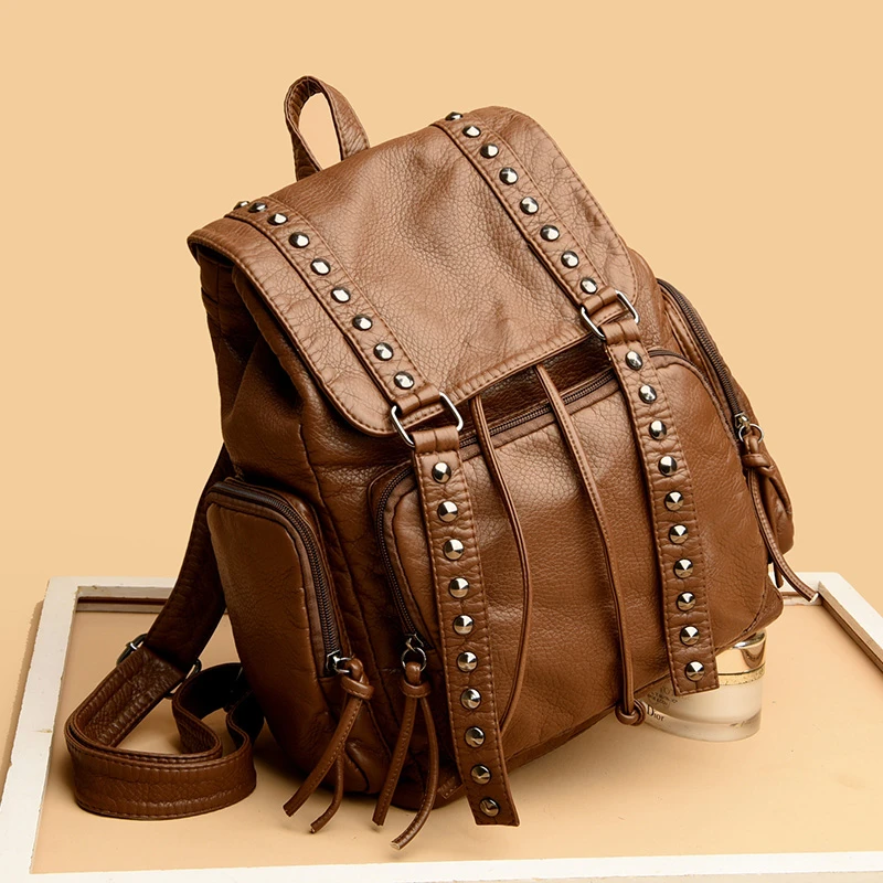 High Quality Rivet Soft Leather Women Backpacks Designer Large