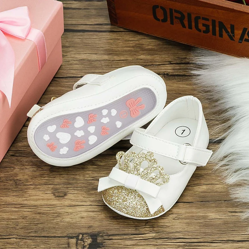 Baby Girl Princess Shoes Sweet Bow Sequin Crown Shallow Leather Shoes High Quality Soft Sole Non-Slip First Walkers Wedding Shoe