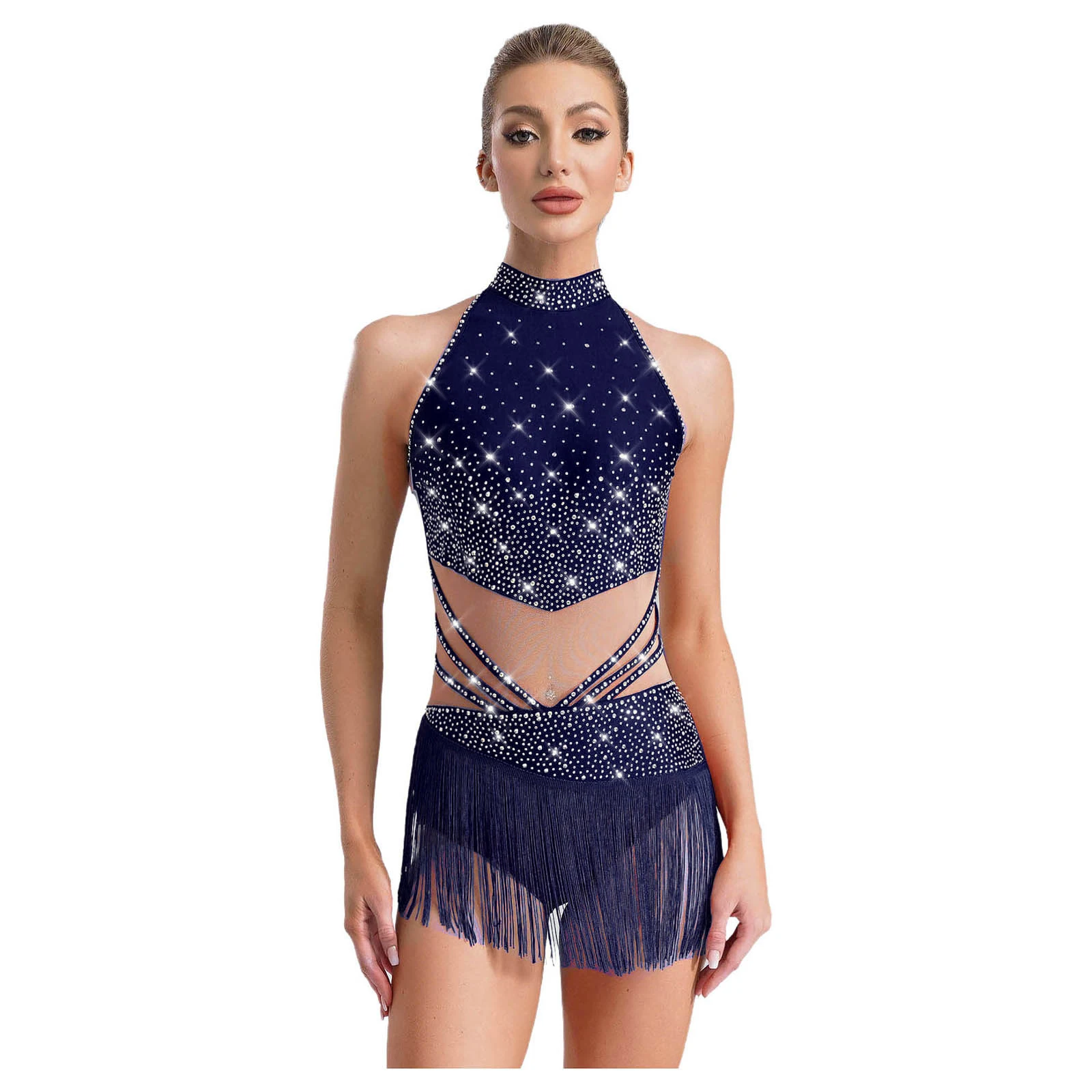 Glänzende Strasssteine für Damen, Gymnastik, künstlerisches Eiskunstlauf-Tanzkostüm, Quasten, verziertes Trikot, lateinamerikanisches Tanz-Bodysuit-Kleid – Detail 22