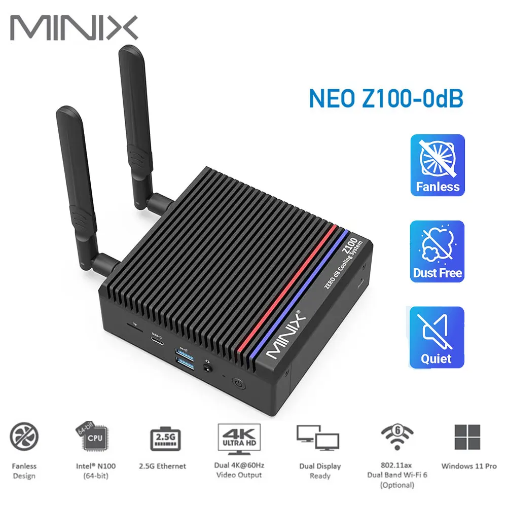 

MINIX Z100-0dB Intel N100 Fanless Mini Pc DDR4 RAM 8G/16G SSD 256G/512G Wifi6 Windows 11 Pro Gaming Home Office Desktop Computer