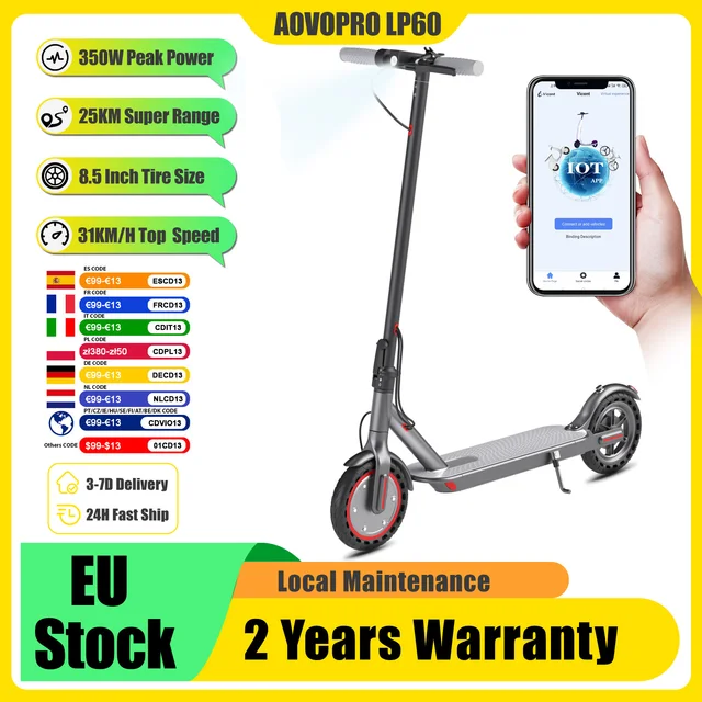 AOVOPRO LP60 500W puissance de crête Scooter électrique 350W Super moteur 5-25KM portée Smart APP Escooter avec 31 KM/H pignon rapide 8.5 "Pneus 1