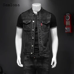 Samlona Mens Fashion Leisure Demin Vest Spliced Retro Jean Outerwear 2022 European and American style Autumn Zip up Deim Jackets