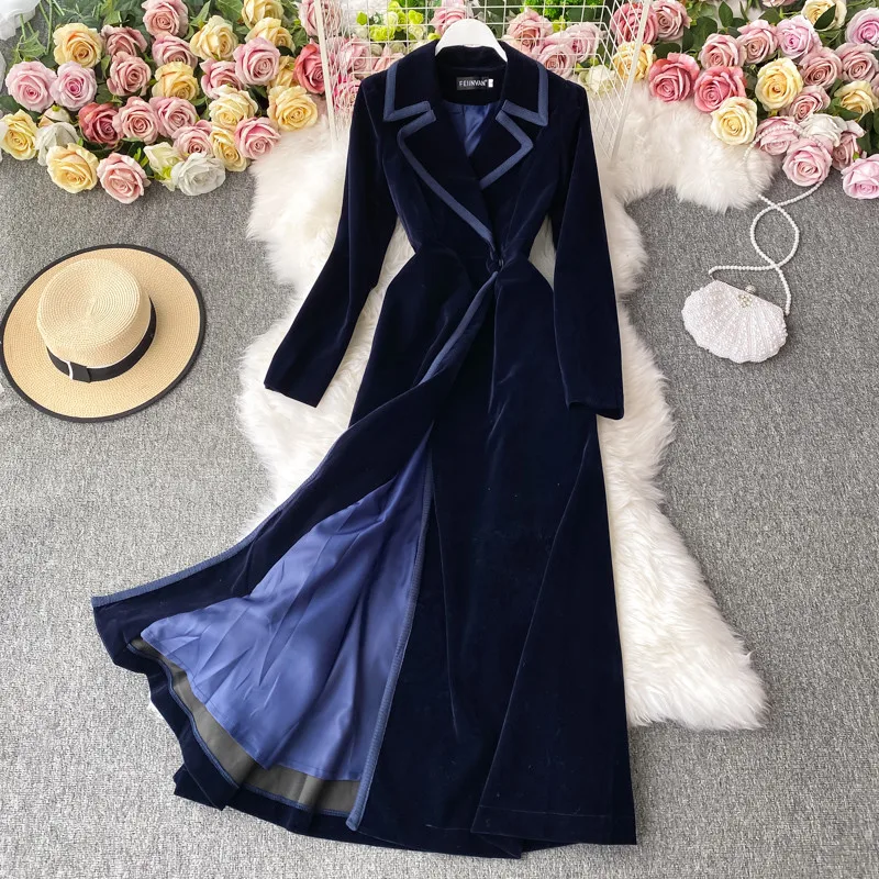 

Women's Coat Winter Runway Designer Vintage Notched Collar Wrap Black Velvet Maxi Windbreaker Warm Long Trench Coat Outwear
