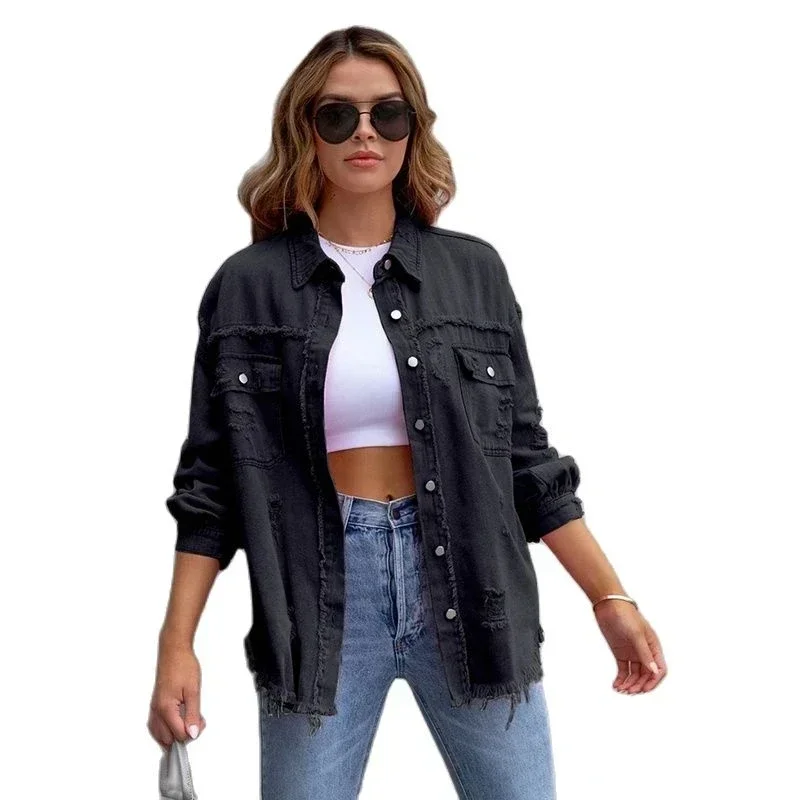 2024 new Europe and the United States wind long rough edge hole denim autumn and winter long sleeve casual lapel shirt