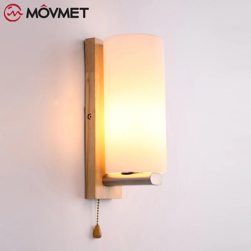 풀 와이어 스위치가 있는 목재 LED 벽 램프, 침대 옆 조명, 침실 통로, 주방 거실 장식, 레트로 빈티지 스콘스 E27
