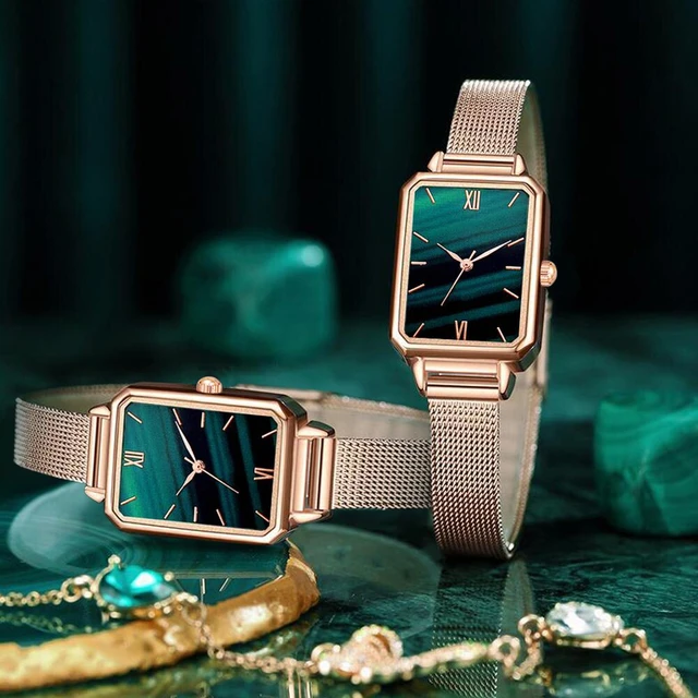 Orologi da donna Fashion Square Ladies Quartz Watch bracciale Set quadrante  verde Simple Rose Gold Mesh