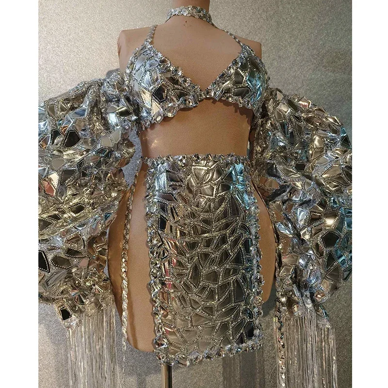 Silver Mirror Bikini Exaggerate Tassel Big Sleeve Singer Performance Wear Sexy Drag Queen Costume Gogo Dancer Clothing
