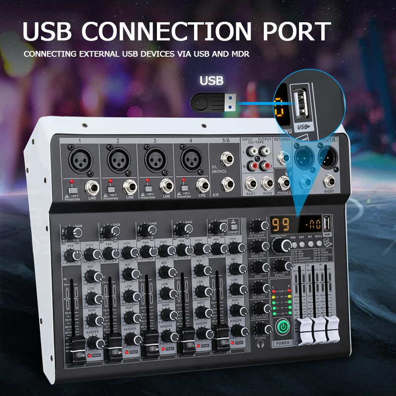 KP6 오디오 믹서 6채널 99개 DSP 이펙트 레코드 PC 48V 팬텀 파워 USB 사운드 믹서 블루투스 DJ 콘솔 믹싱 (노래방용)