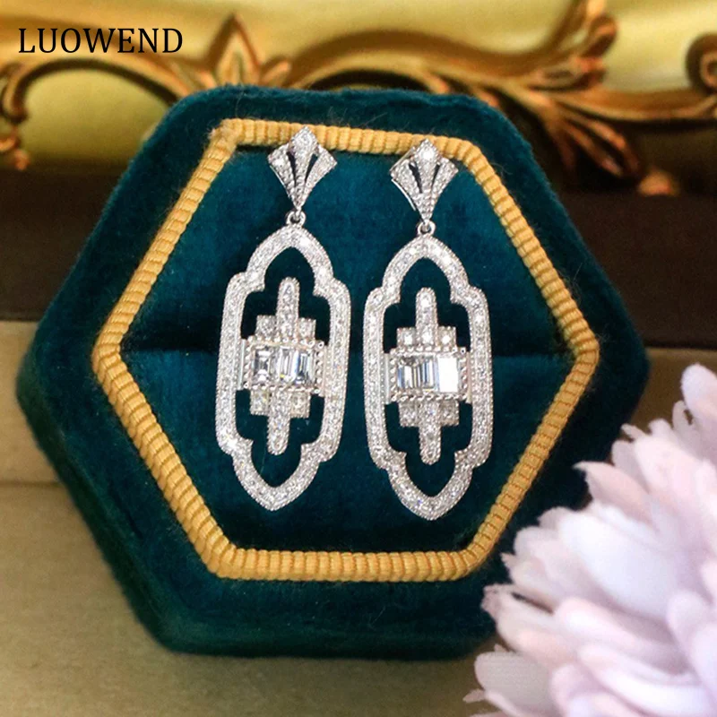 

LUOWEND 18K White Gold Earrings Vintage Palace Design 0.64carat Real Natural Diamond Drop Earrings for Women High Party Jewelry