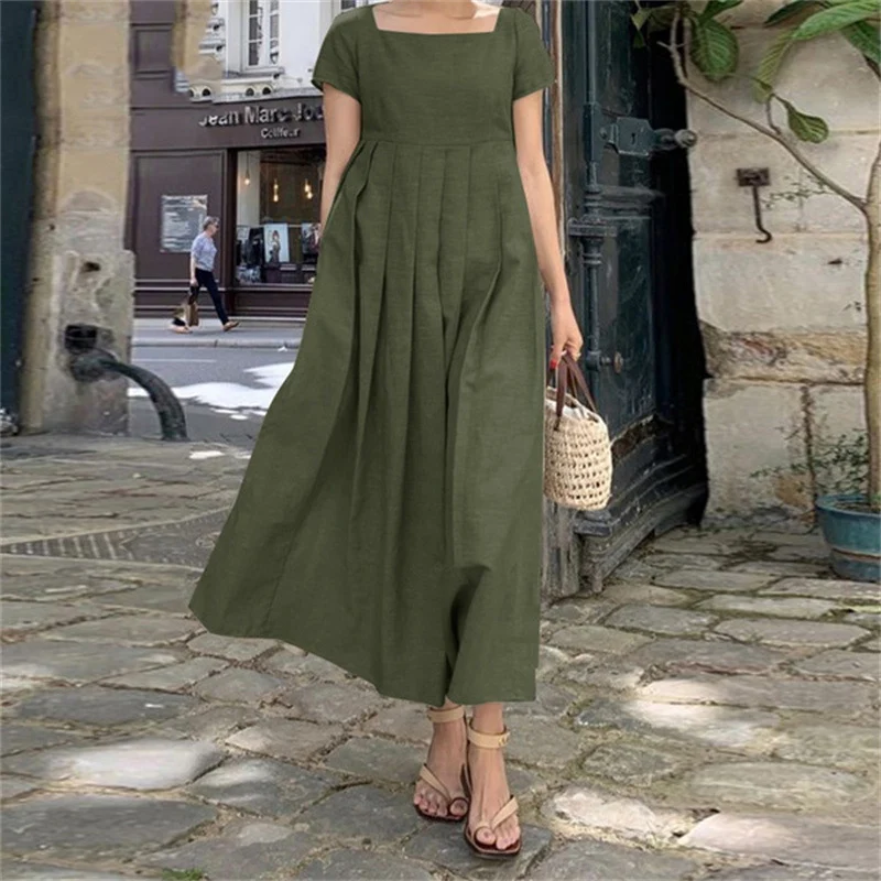 Dubai Arab New Cotton Linen Long Dresses For Women Short Sleeve Square Neck Elegant Casual Sundress Simple Loose Muslim Clothing