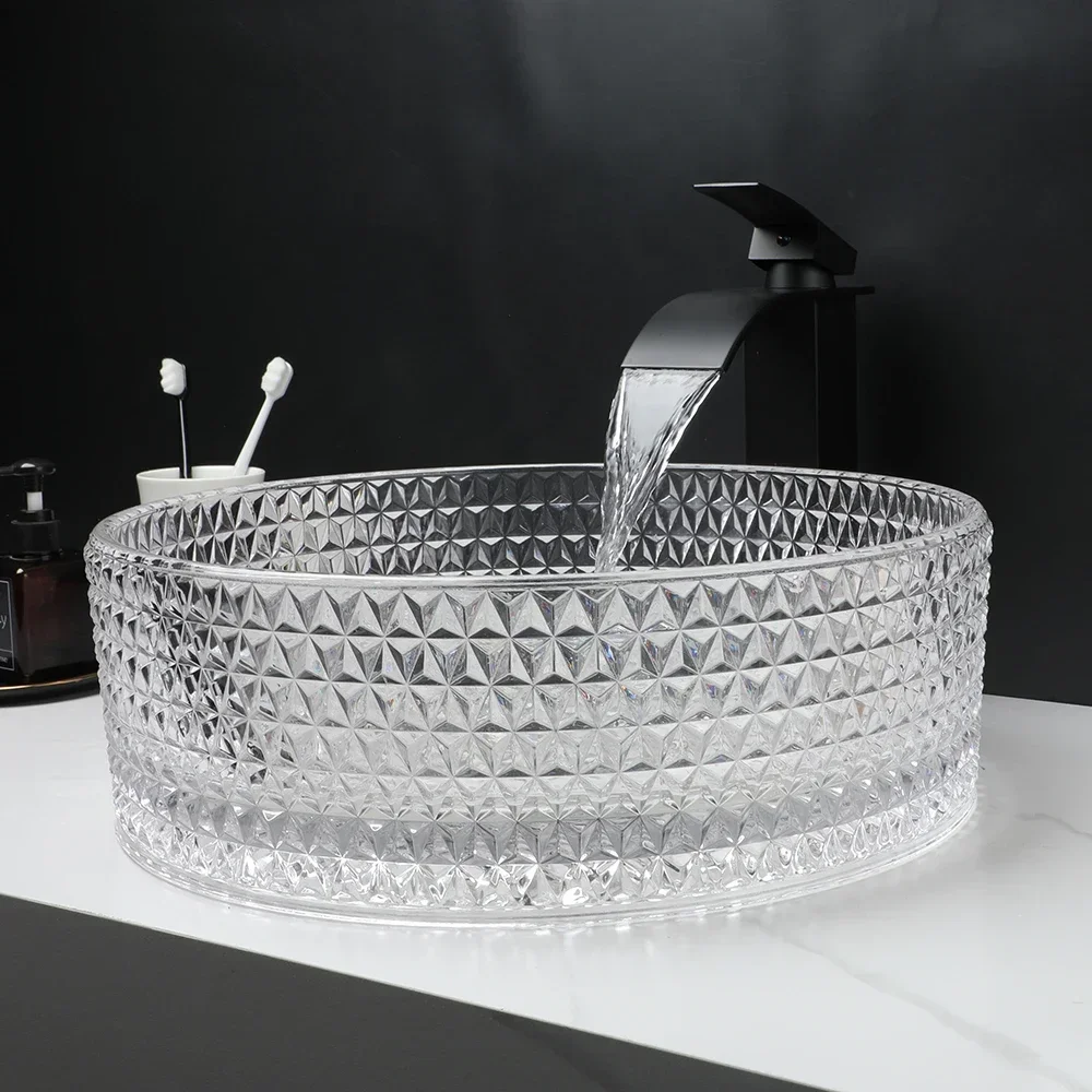 Transparent Thick Glass Basin Set Diamond Shaped Texture Bathroom Sink W/ Matte Black Faucet And Pop-up Drainage Mixer Tap 6