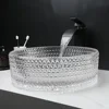Transparent Thick Glass Basin Set Diamond Shaped Texture Bathroom Sink W/ Matte Black Faucet And Pop-up Drainage Mixer Tap 6