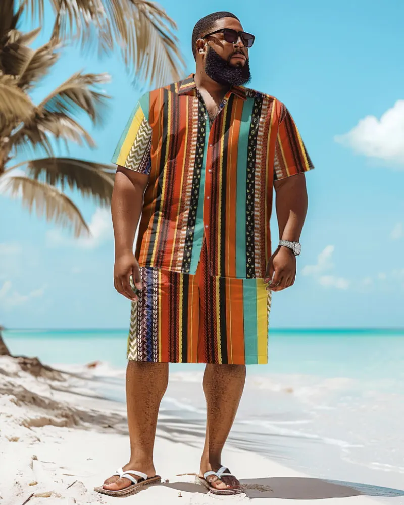 Biggmans Shirt Plus Size Set L-9Xl for Summer Beach Clothing Oversize Hawaii Suit Hawaiian Colorful Block Print Shirt Shorts 7XL