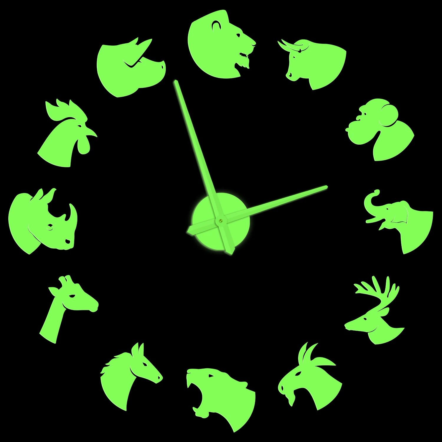 

Land Animals Face Glow in Dark Wall Clock For Nursery Room Lion Tiger Elephant Horse Animal Heads DIY 3D Acrylic Large Watch
