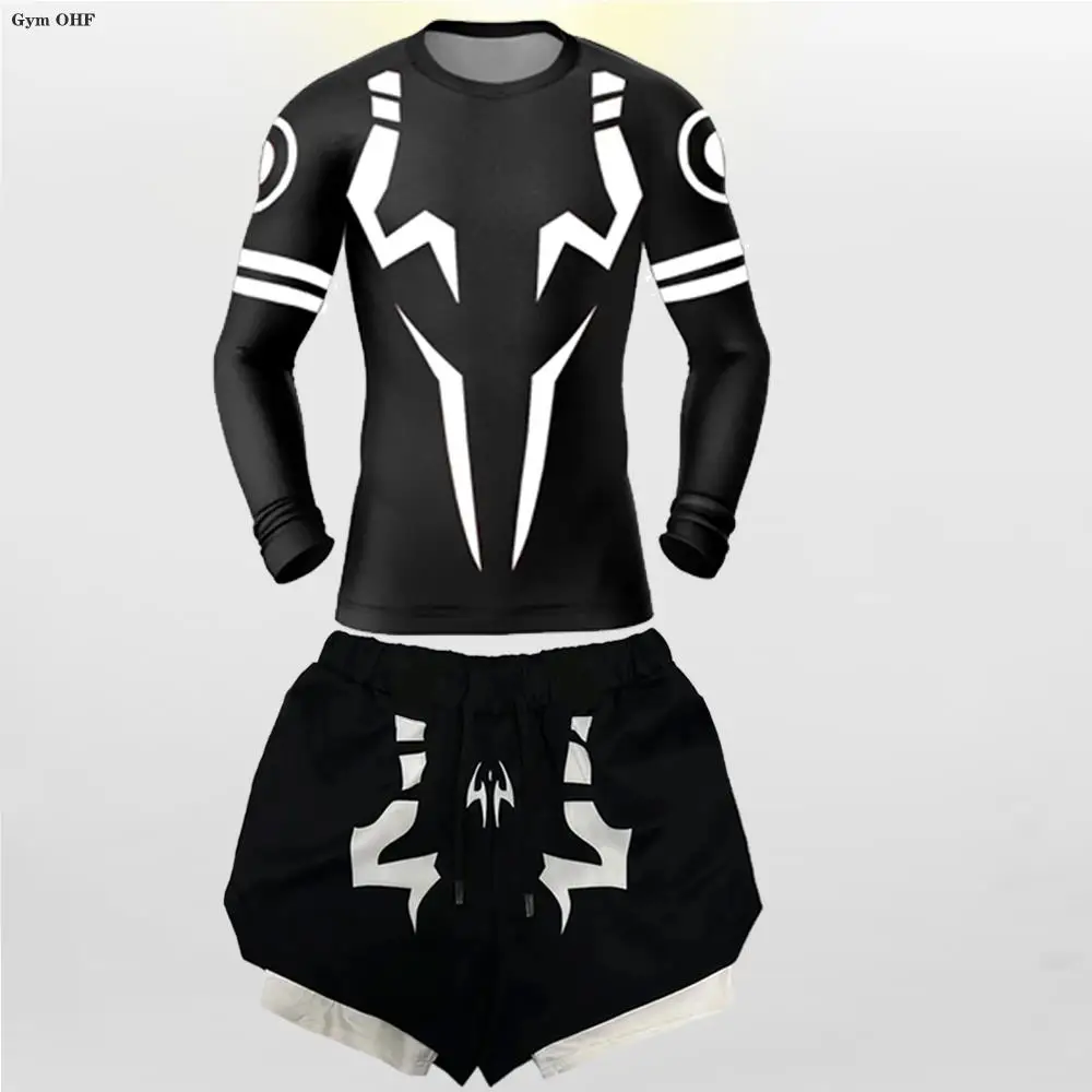 Jujutsu Kaisen Anime 압축 T 셔츠 정장 남성용 2 In 1 반바지 스포츠 러닝 조깅 체육관 Tracksuit 남성 의류 Rashgard MMA
