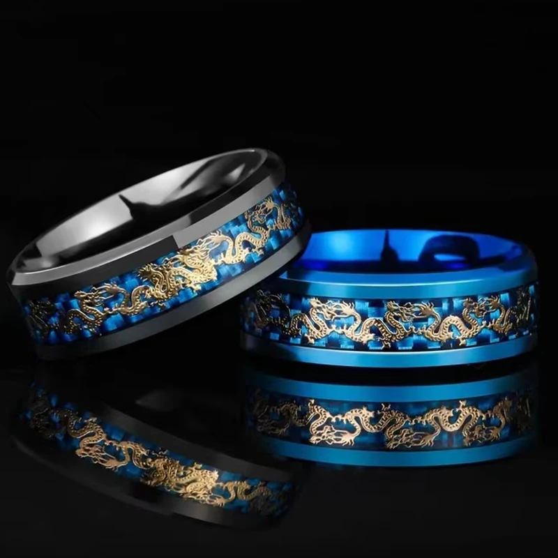 Fashion 8MM Stainless Steel Dragon Ring Vintage Punk Chinese Dragon Pattern Blue Carbon Fiber Ring Men's Wedding Party Jewelry