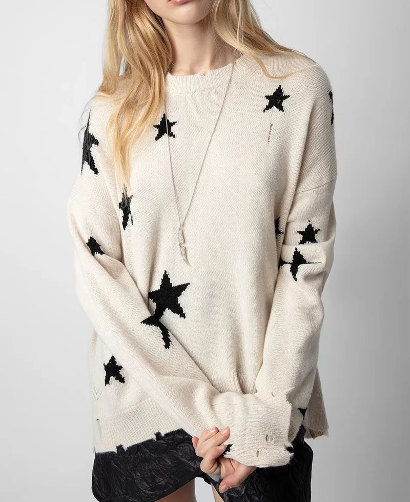 Holed Cashmere Sweater  Women's Men’s unisex anywear Top Star Pattern Holes 100%-Cashmere Loose Sweaters for Man Woman Fall Autumn Winter Spring womens mens Fashion season  in white with black stars