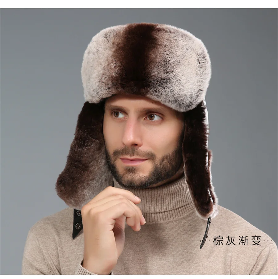 Bomber Hat Men Women Thick Warm Russian Ushanka Rex Rabbit Fur Hat Fashion Male Female Winter Sheepskin Earflap Ski Russian Cap
