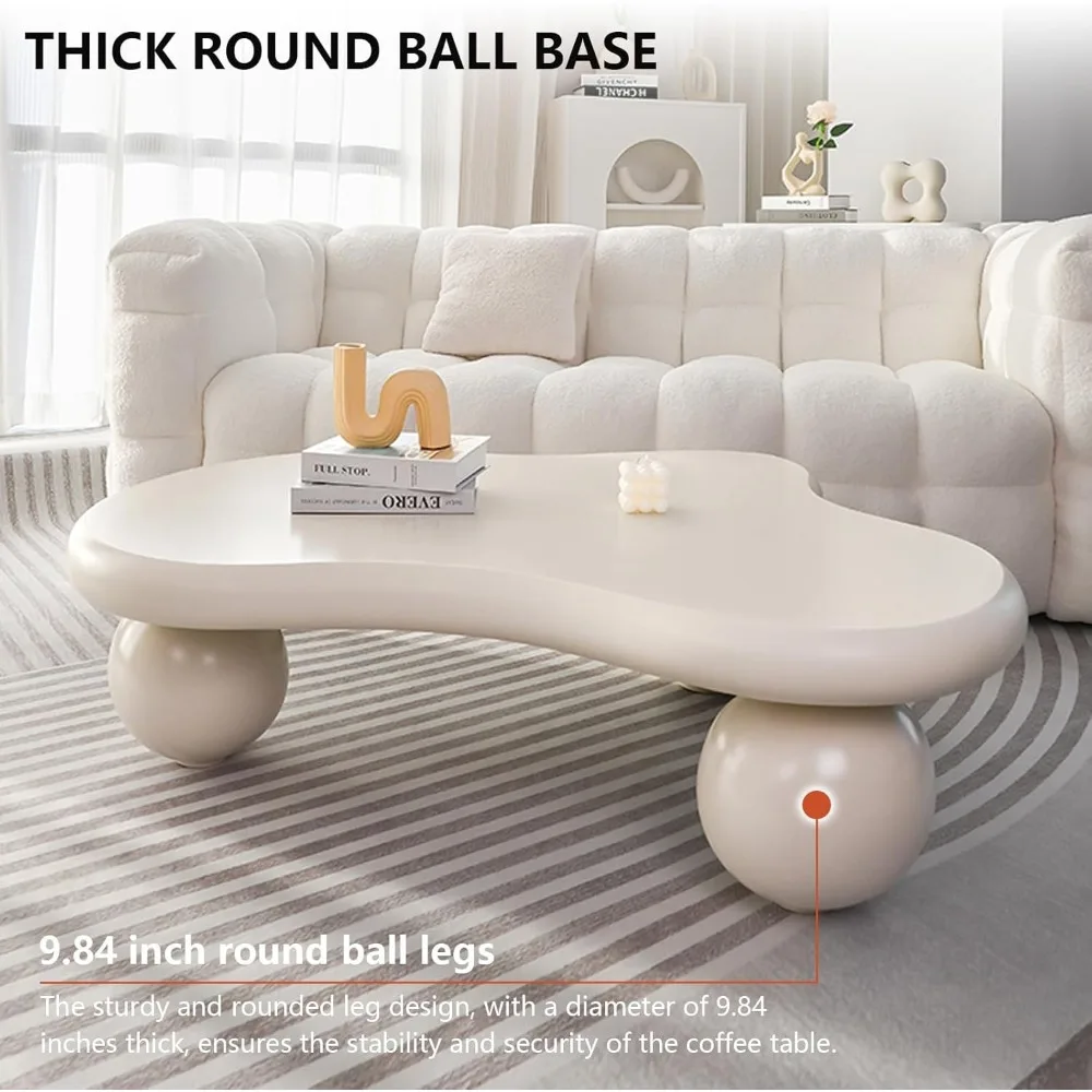 White Cute Cloud Shape Low Coffee Table with 3 Ball Legs, Modern Funky Cartoon Irregular Indoor Tea Table, for Living Room, Smal 4