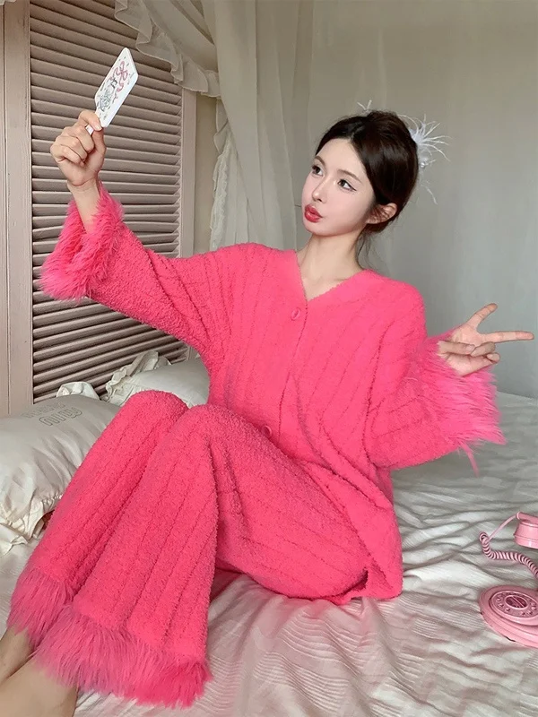 여성용 겨울 잠옷 깃털 소매 부드럽고 푹신한 반벨벳 두꺼운 세트 오렌지 씨 리사 테일러 2500283 야외 캐주얼웨어