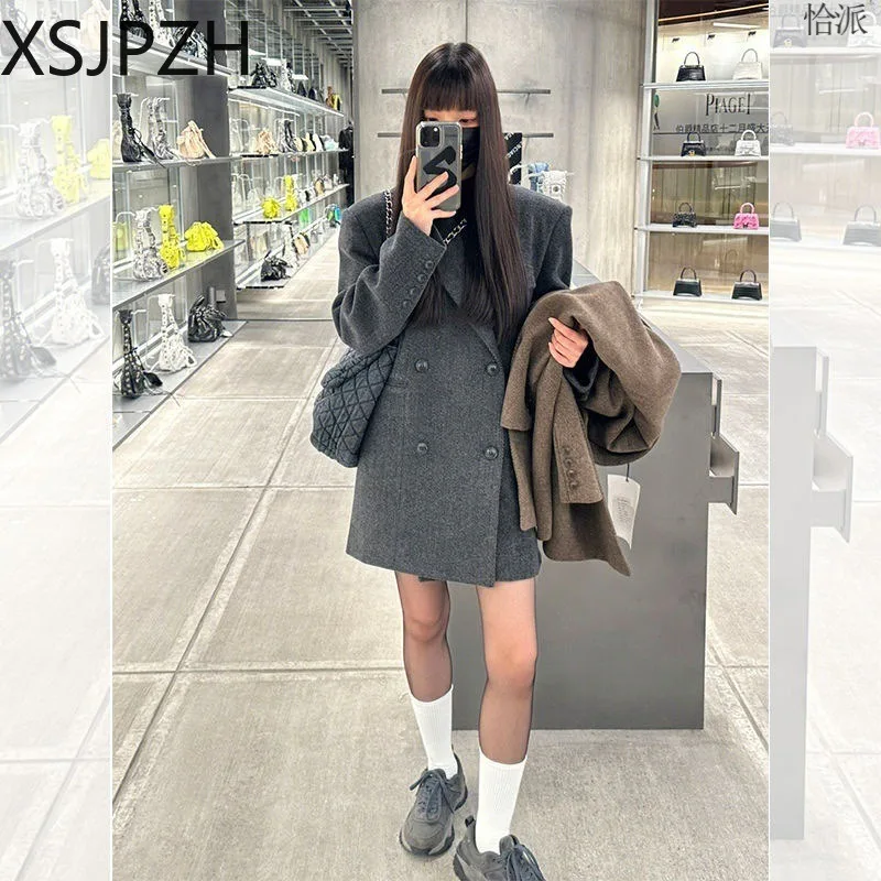 

2024 New Fashion Grey Suit Wool Coat Women's Autumn Winter Niche Design Sense Tweed Top Office Lady Commuting Blazers