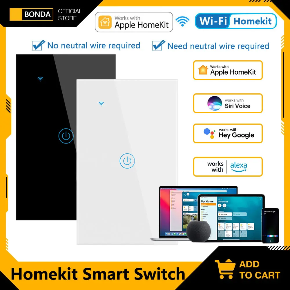 Apple Homekit No Neutral WiFi EU US Standard Smart Switch Smart Home