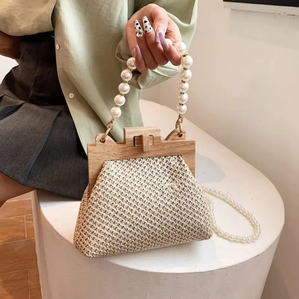 Nice Pearl Chain Straw Bag Women Hand-Woven Handbags Women Summer Wooden Rattan Shoulder Bag Brand Luxury Crossbody Bag