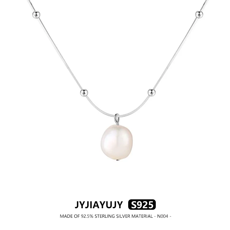 

JYJIAYUJY 100% Sterling Silver S925 Necklace Snake Chain 8mm Freshwater Pearl 2mm Silver Ball Two Colors Jewelry Gift Daily N004
