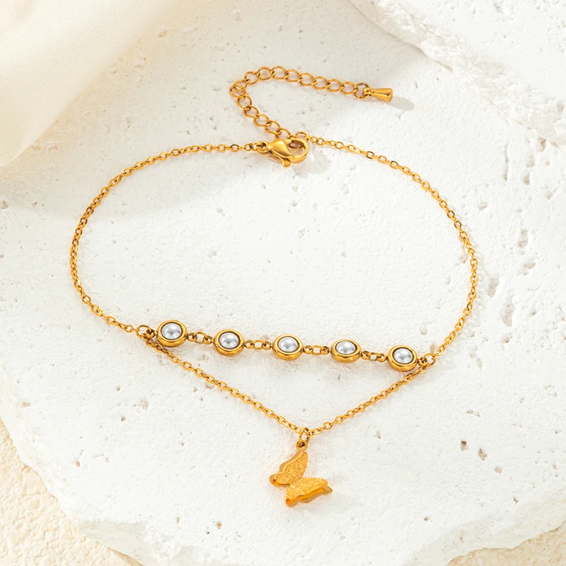 ANENJERY 316L Stainless Steel Imitation Pearls Butterfly Flower Tassels Anklet for Women Delicate Simple Jewelry Wholesale