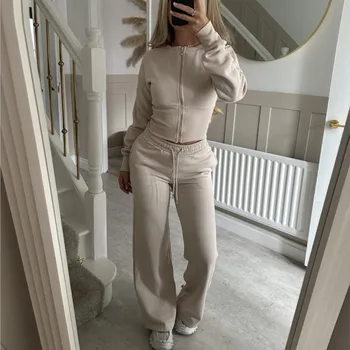 Women's Casual Sports Two-piece Set Autumn And Winter New Fashion Long-sleeved Zipper Cardigan Slim Top With Straight Pants Suit 1