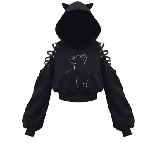 Women Long Sleeve Hoodies Kawaii Cat Ears Hoodie Gothic Punk Harajuku Cold Shouler Bandage Gothic Black Sweatshirts