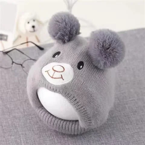 Pompoms Cartoon Outdoor Knit Wool Bomber Hats Baby Autumn Winter Thick Warm Hats Caps for Newborn Infant Toddler