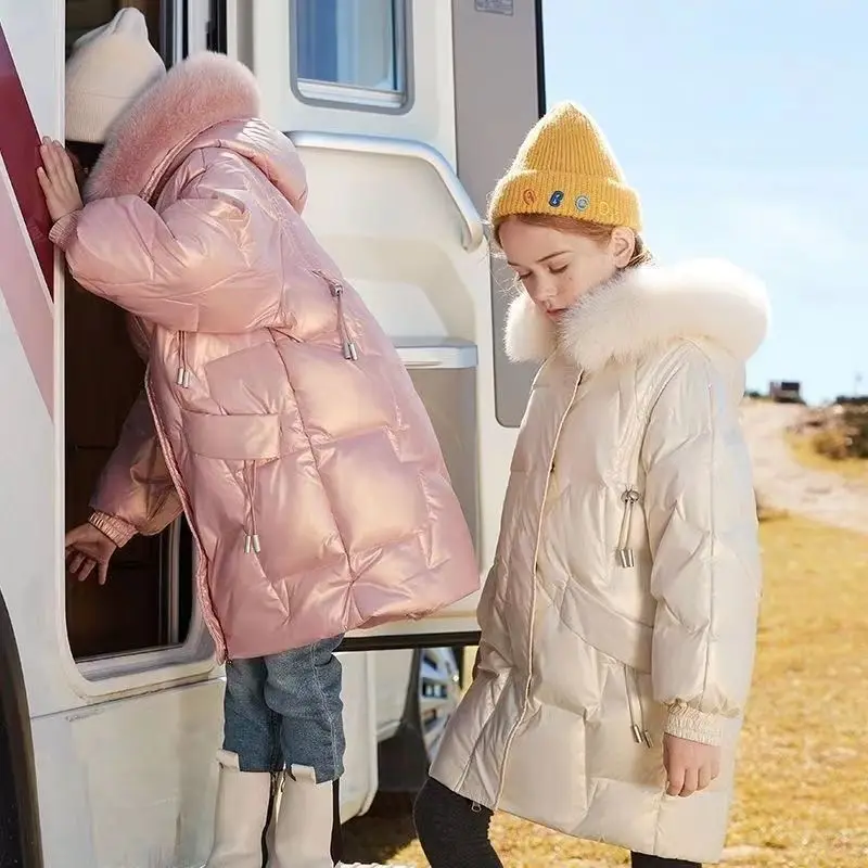 Fashion Girls Winter Coat Faux Fur Hooded Parkas Children Thickening Warm Bright Cotton Padded Jacket For Kids Outwear TZ659
