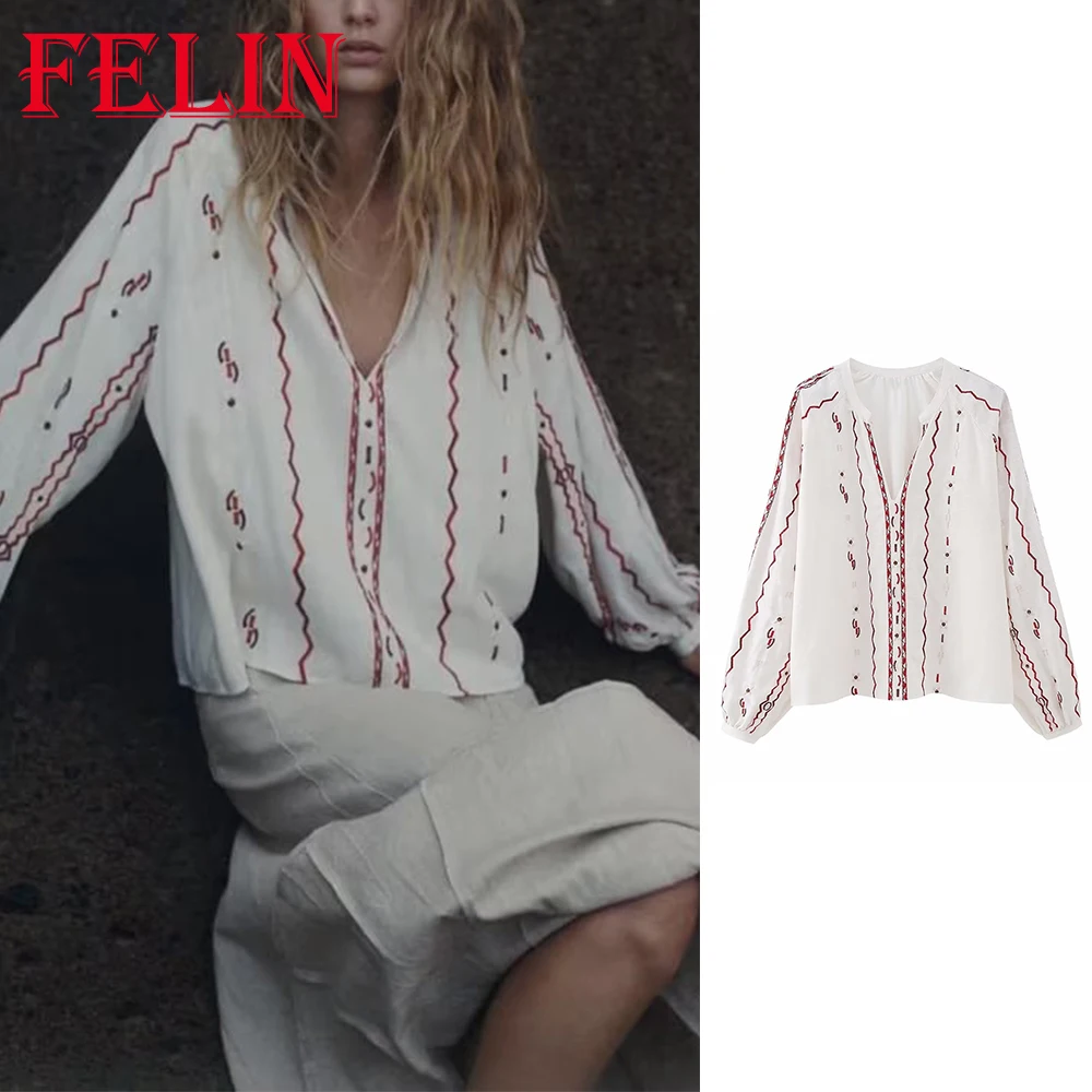 

TRAF 2023 Summer Vintage Women Embroidery Shirts Long Sleeve Single Breasted V-Neck Blouses Regular Fit Streetwear Women Tops