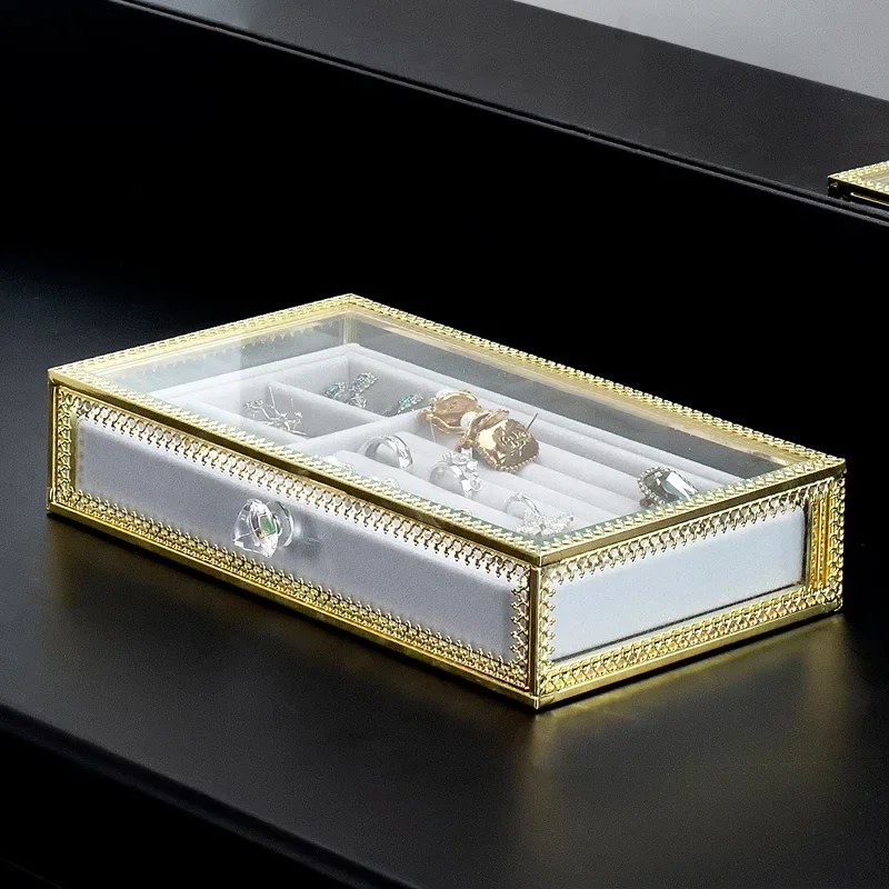 Description Picture 5 of itemCopper Glass Jewelry Storage Box Multi-layer Earrings Ring Necklace European Style Dust-proof