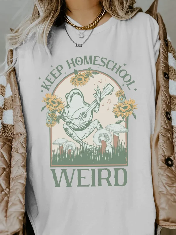 

Женская хлопковая Футболка Keep Homeschool со странным слоганом, винтажная женская рубашка с принтом лягушки, играющей на гитаре, новая школьная Повседневная футболка для девочек