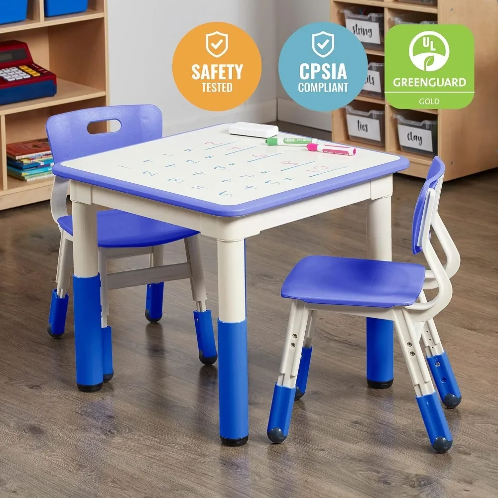 Children's table dry rub square movable table with 2 chairs, adjustable, children's furniture, blue, set of 3
