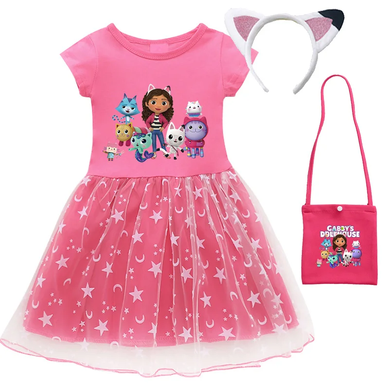 2024 New Summer Cartoon Gabby Cats Dresses Baby Girls Princess Dress Bag Headband Kids Gabby's Dollhouse Cosplay Costume 2