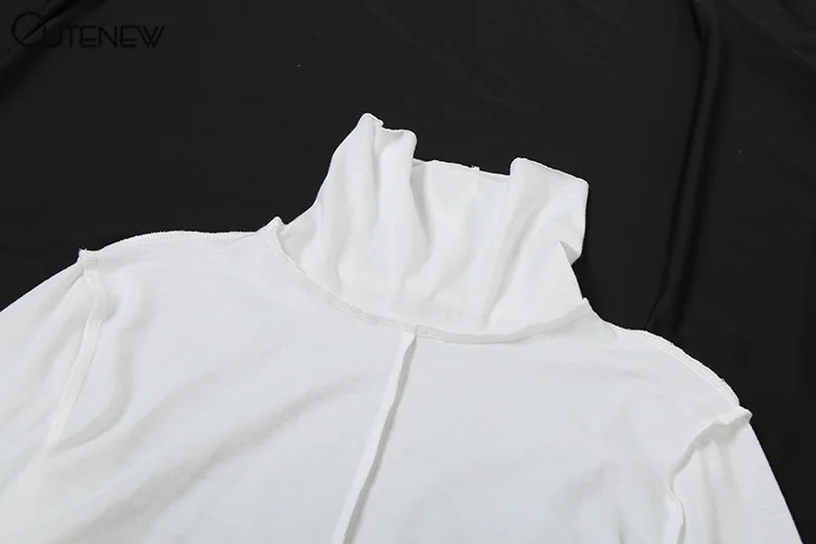 Solid Thin Sheer Autumn Women T-shirts Classic Ruched Trim High Collar Full Sleeve Basic Tees Female All-matched Tops