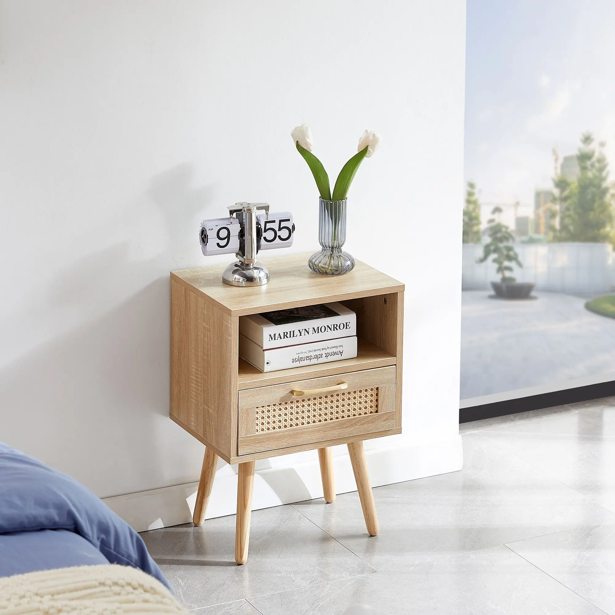 

15.75" Rattan End Table with Drawer and Solid Wood Legs, Modern Nightstand, Side Table