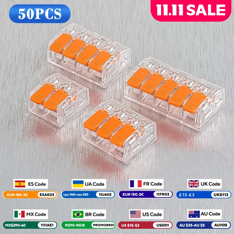 JINH 50 ชิ้น Quick Compact Lever Parallel ไฟฟ้า Splitter อุปกรณ์ตัวเชื่อมต่อ, fast Wire Connector Terminal Blocks 34-11AWG 1