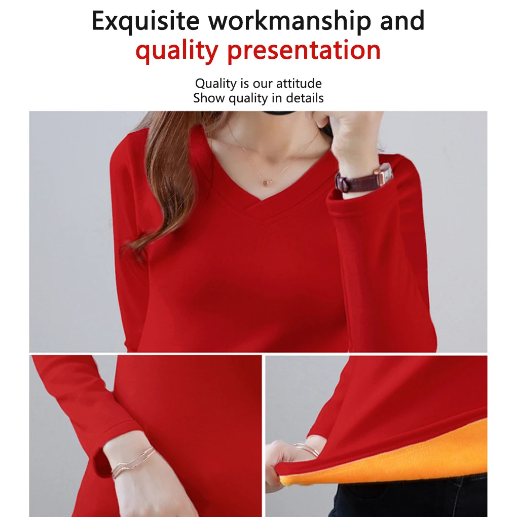 Women Thermal Underwear Velvet V Neck Lady Basic Top Cold Weather Soft Comfortable Baselayer Dressing Breathable Sleepwear