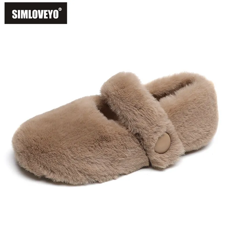 

SIMLOVEYO Design Women Warm Winter Flats Round Toe Flock Suede Press Buckle Daily Home Outdoor Cute Female Shoes Big Size 42 43