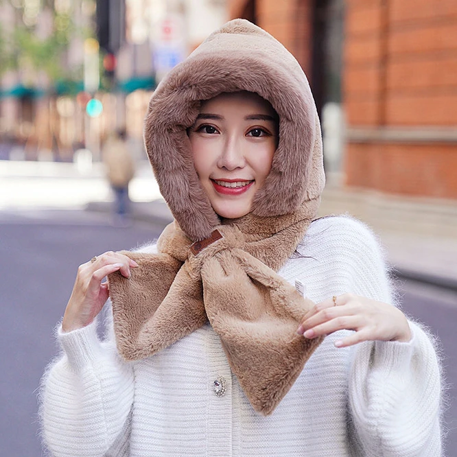 

Hat Scarf One Female Winter Plush Thickened Cold Proof Warm Windproof Plush Scarf Ear Protection Girl Outdoor Protection Khaki