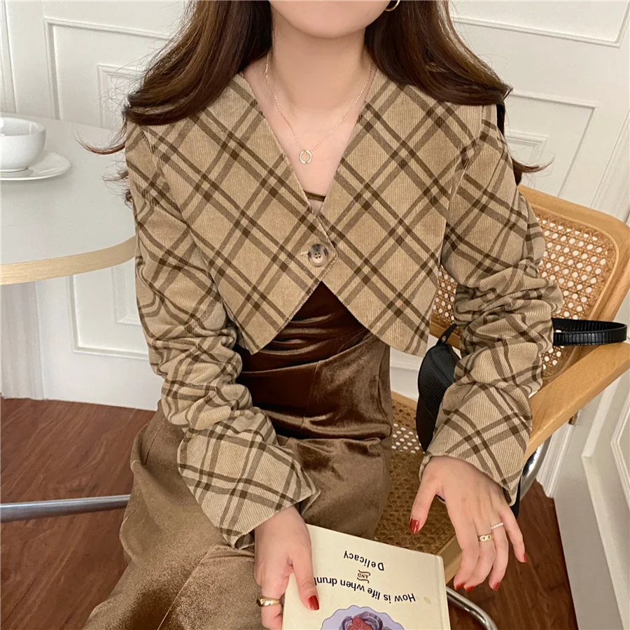 

2023 Autumn Winter New Women's Coat Korean Plaid Long Sleeve Fashion Versatile Loose Short Jacket Free Shipping