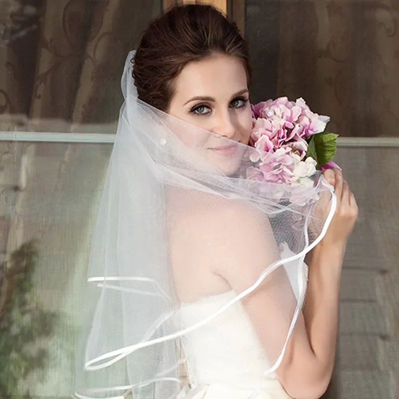 Bridal Veil Wedding Simple Tulle Two Layers Ribbon Edge With Metal Comb 75cm Short Women