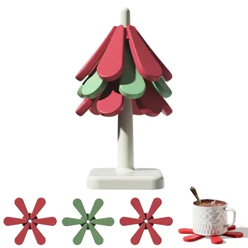 5PCS Christmas Tree Square Circular Base Pot Holders Set Foldable Heat Resistant Table Mats For Kitchen Table Accessories 1